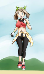 Rule 34 | 1girl, :d, adapted costume, bandana, bare shoulders, blue eyes, breasts, brown hair, clenched hands, clothes around waist, collared shirt, creatures (company), exercising, female focus, game freak, gloves, green bandanna, highres, impossible clothes, large breasts, leggings, looking at viewer, may (pokemon), may (pokemon emerald), midriff, navel, nintendo, open mouth, outdoors, pokemon, pokemon (anime), pokemon rse, red shirt, round teeth, running, shirt, shoes, short hair, sig (sfried), sleeveless, sleeveless shirt, smile, sneakers, solo, sweater, sweater around waist, teeth, white gloves