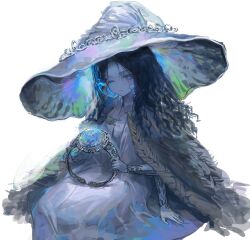 Rule 34 | 1girl, absurdres, blue eyes, blue gemstone, blue hair, blue skin, chinese commentary, cloak, collared dress, colored skin, commentary, cracked skin, dress, elden ring, expressionless, extra arms, extra faces, from side, full body, fur cloak, gem, grey cloak, hat, highres, holding, holding jewelry, holding ring, jewelry, looking at viewer, medium hair, mini person, minigirl, one eye closed, oversized hat, qiqiqiqi, ranni the witch, ring, seiza, simple background, sitting, solo, wavy hair, white background, white dress, white hat, witch hat