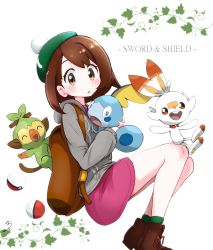 Rule 34 | 1girl, :o, ankle boots, backpack, bag, blush, boots, brown eyes, brown footwear, brown hair, collared dress, commentary request, copyright name, creatures (company), dress, english text, floating, from side, game freak, gen 8 pokemon, gloria (pokemon), green hat, green legwear, grey sweater, grookey, hat, highres, holding, holding pokemon, hood, hoodie, ivy, light blush, light frown, long sleeves, looking at viewer, medium hair, nintendo, not on shana, open mouth, pink dress, pokemon, pokemon (creature), pokemon swsh, scorbunny, short dress, sobble, socks, starter pokemon trio, sweater, tam o&#039; shanter, white background