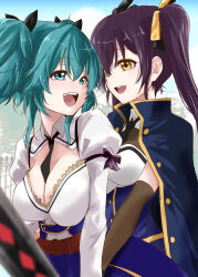 Rule 34 | 2girls, :d, aqua eyes, aqua hair, arms at sides, assault lily, behind another, belt, between breasts, black necktie, black ribbon, blue cloak, blue shirt, blue skirt, blue sky, blurry, blurry background, breasts, brown belt, brown gloves, buttons, cleavage, cloak, collared shirt, commentary request, cowboy shot, day, elbow gloves, eye contact, face-to-face, fang, frilled shirt, frills, gloves, hair between eyes, hair ribbon, hand on another&#039;s hip, highres, hishida haru, juliet sleeves, large breasts, long hair, long sleeves, looking at another, looking to the side, medium breasts, medium hair, multiple girls, necktie, necktie between breasts, odaiba girls high school uniform, open mouth, outdoors, puffy sleeves, purple hair, purple ribbon, ribbon, school uniform, shirt, skirt, sky, sleeve ribbon, smile, standing, suzuki chinami, teeth, twintails, two-tone shirt, upper teeth only, urutsu sahari, waist cape, weapon, white shirt, yellow eyes, yellow ribbon, yuri