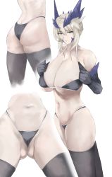 Rule 34 | 1girl, absurdres, areola slip, artoria pendragon (all), artoria pendragon (fate), artoria pendragon (lancer alter) (fate), ass, bikini, black bikini, black thighhighs, breasts, cleavage, collarbone, elbow gloves, fate/grand order, fate (series), gloves, highres, large breasts, light brown hair, looking at viewer, memory342, multiple views, saber (fate), simple background, swimsuit, thigh gap, thighhighs, white background