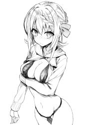 Rule 34 | 1girl, alternate costume, arm under breasts, bikini, breasts, cleavage, closed mouth, graphite (medium), greyscale, hair between eyes, highres, kantai collection, large breasts, looking at viewer, medium hair, monochrome, navel, perth (kancolle), simple background, solo, sweater, swimsuit, traditional media, tsuji kazuho, white background