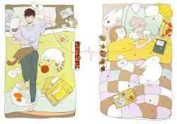 Rule 34 | 1boy, 1girl, artist name, barefoot, blanket, book, brown hair, cat, cat on person, closed eyes, dog, egg, envelope, food, fried egg, grey shirt, lying, on back, on bed, on side, open book, open mouth, original, pillow, pink hair, shirt, short hair, signature, speech bubble, string phone, tofuvi, tray, under covers, yarn, yarn ball
