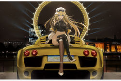 Rule 34 | 1girl, absurdres, alternate costume, azur lane, bare shoulders, black bodysuit, black thighhighs, blonde hair, blue eyes, bodysuit, breasts, brown thighhighs, building, car, character name, city lights, closed mouth, clothes pull, copyright name, crop top, crossed legs, earrings, fingerless gloves, full body, gloves, hair ornament, hairclip, hat, headset, high heels, highres, jacket, jacket pull, jewelry, kcar66t, long hair, looking at viewer, medium breasts, motor vehicle, navel, night, open clothes, open jacket, peaked cap, race queen, sitting, sitting on car, skin tight, sky, smile, solo, sports car, star (sky), starry sky, thighhighs, thighs, victorious (azur lane), white footwear, white gloves, white hat, white jacket