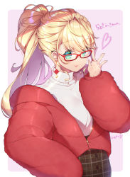 Rule 34 | 1girl, adjusting eyewear, blonde hair, blush, closed mouth, commentary request, earrings, glasses, green eyes, heart, jewelry, long hair, long sleeves, looking at viewer, off shoulder, original, plaid, ponytail, red-framed eyewear, shaneru, shirt, signature, smile, solo, turtleneck, white shirt