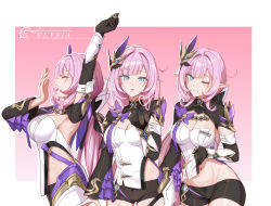 Rule 34 | 3girls, absurdres, black gloves, blue eyes, breasts, cleavage, elbow gloves, elysia (honkai impact), elysia (miss pink elf) (honkai impact), gloves, grin, hfp~kubiao, highres, honkai (series), honkai impact 3rd, long hair, looking at viewer, multiple girls, multiple persona, navel, one eye closed, pointy ears, purple hair, short shorts, shorts, smile, yawning