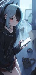 Rule 34 | 1girl, absurdres, alley, black cat, black choker, black hair, black hoodie, blue archive, blush, bowl, car, cat, cellphone, choker, closed mouth, cowboy shot, ear piercing, eyes visible through hair, halo, hand in pocket, highres, holding, holding phone, hood, hoodie, horns, kayoko (blue archive), long sleeves, looking at viewer, miniskirt, motor vehicle, multicolored hair, pet bowl, pet food, phone, piercing, plaid, plaid skirt, red eyes, red skirt, ritae, skirt, sleeves past wrists, smartphone, solo, truck, two-tone hair, white hair