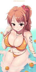Rule 34 | 1girl, arm tattoo, bare shoulders, bikini, blush, bracelet, breasts, cleavage, clothes writing, dated, earrings, english text, flower, food, from above, fruit, hair flower, hair ornament, highres, jewelry, kasai shin, large breasts, licking lips, long hair, looking at viewer, nami (one piece), navel, one piece, orange (fruit), orange hair, pink flower, sitting, solo, swimsuit, tattoo, thighs, tongue, tongue out, underboob, wariza, water, wet