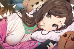 Rule 34 | 1girl, agnamore, bad id, bad pixiv id, bed, breasts, brown eyes, brown hair, green hair, green nails, hair ornament, hairclip, holding, holding phone, long hair, long sleeves, looking at viewer, lying, multicolored hair, nail polish, on bed, on side, original, parted lips, phone, pillow, pov across bed, stuffed animal, stuffed toy, two-tone hair