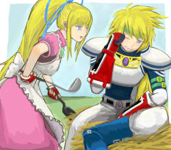 Rule 34 | 1boy, 1girl, apron, armor, belt, blonde hair, blue eyes, boots, breasts, brother and sister, dress, fingerless gloves, frills, gloves, hairband, highres, lilith aileron, long hair, one eye closed, open mouth, pants, ponytail, siblings, stahn aileron, tales of (series), tales of destiny