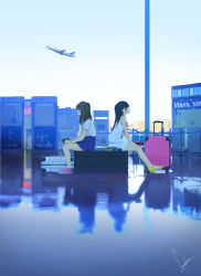 Rule 34 | 2girls, aircraft, airplane, back-to-back, black hair, blue sky, bracelet, cover, day, from side, high heels, holding, jewelry, long hair, looking up, loundraw, midori to aka, multiple girls, original, outdoors, print shirt, reflection, shirt, shoes, short sleeves, shorts, signature, sitting, skirt, sky, sleeveless, sneakers, striped, suitcase, t-shirt