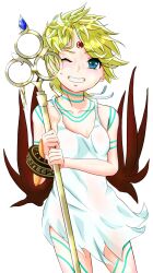 Rule 34 | 1girl, blonde hair, blue eyes, body markings, bracelet, breath of fire, breath of fire v, commentary request, dress, facial mark, flower, forehead mark, full-body tattoo, highres, holding, holding staff, jewelry, looking at viewer, loopa, nina (breath of fire v), one eye closed, red wings, short hair, simple background, smile, solo, staff, tattoo, white background, white dress, wings