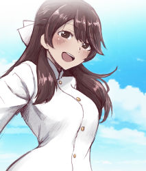 Rule 34 | 1girl, blue sky, blush, bow, brave witches, brown hair, cloud, from below, hair bow, highres, jacket, karibuchi takami, liar lawyer, long hair, sidelocks, sky, smile, solo, teeth, tongue, uniform, upper teeth only, white bow, white jacket, world witches series