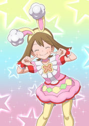 Rule 34 | 1girl, :i, animal ears, blush, brown hair, choker, closed eyes, closed mouth, commentary request, creatures (company), dress, eyelashes, facing viewer, fake animal ears, fingersmile, game freak, hair ornament, hairband, hands up, highres, index fingers raised, knees, leaning forward, legs, may (pokemon), may (spring 2021) (pokemon), miraa (chikurin), nintendo, official alternate costume, pantyhose, pink choker, pink dress, pokemon, pokemon masters ex, rabbit hair ornament, short sleeves, smile, solo, sparkle, standing, star (symbol), wrist cuffs, yellow hairband, yellow pantyhose