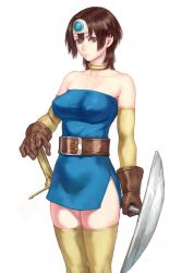 Rule 34 | 1girl, arm warmers, bare shoulders, belt, blue dress, breasts, brown eyes, brown gloves, brown hair, circlet, closed mouth, collar, collarbone, commentary request, covered erect nipples, dragon quest, dragon quest iii, dress, earrings, expressionless, gloves, hair ornament, holding, jewelry, looking at viewer, medium breasts, roto (dq3), shield, short dress, short hair, shu-mai, simple background, solo, square enix, strapless, strapless dress, sword, thighhighs, thighs, weapon, white background, zettai ryouiki