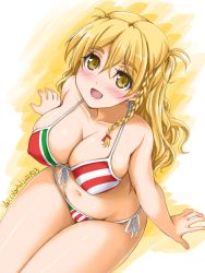 Rule 34 | 1girl, akimoto dai, artist name, bikini, blonde hair, braid, breasts, commentary request, cowboy shot, dated, french braid, highres, kantai collection, large breasts, long hair, multicolored bikini, multicolored clothes, one-hour drawing challenge, side-tie bikini bottom, solo, swimsuit, wavy hair, yellow eyes, zara (kancolle)