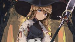 Rule 34 | 1girl, bad id, bad twitter id, belt, black hat, blonde hair, blue eyes, commentary request, expressionless, forest, hat, highres, kirisame marisa, long hair, looking at viewer, nature, outdoors, polearm, shi chimi, solo, spear, touhou, tree, upper body, wavy hair, weapon, witch hat