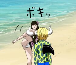 Rule 34 | 1boy, 1girl, animal print, artist self-insert, beach, blonde hair, check commentary, commentary, commentary request, dellinger (one piece), flower, hair flower, hair ornament, high kick, horns, kicking, kikuhara satuki, lowres, one piece, partial commentary, self-upload, shark fin, shorts, swimsuit