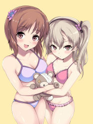 Rule 34 | 2girls, bikini, blush, boko (girls und panzer), breasts, brown hair, cleavage, closed mouth, collarbone, girls und panzer, highres, holding, holding stuffed toy, kasai shin, large breasts, looking at viewer, medium breasts, medium hair, multiple girls, nishizumi miho, open mouth, shimada arisu, short hair, side ponytail, simple background, smile, stuffed animal, stuffed toy, swimsuit, teddy bear, yellow background