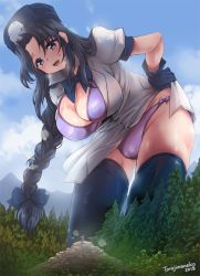 Rule 34 | 1girl, artist name, bikini, black hair, blue bow, blue eyes, blue gloves, blue legwear, blue neckwear, blush, bow, braid, breasts, cameltoe, cleavage, cliff, cloud, commentary request, dated, day, eliza torland, forest, giant, giantess, gloves, hands on own hips, hat, large breasts, lens flare, long hair, looking down, loose clothes, mountainous horizon, nature, nurse cap, open mouth, original, partially undressed, signature, smile, solo focus, striped bikini, striped clothes, sweatdrop, swimsuit, torajimaneko, tree