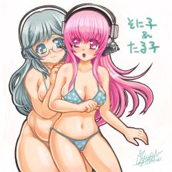 Rule 34 | 2girls, behind another, belly, bikini, blush, breasts, cleavage, demerin, headphones, highres, large breasts, long hair, multiple girls, navel, nitroplus, open mouth, pink eyes, pink hair, plump, silver hair, super sonico, super taruco, swimsuit, wide hips