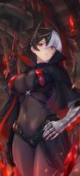 Rule 34 | 1girl, armored gloves, azur lane, black cape, black capelet, black hair, bodystocking, breasts, bruenhilde (azur lane), cape, capelet, commentary request, covered navel, cowboy shot, hair between eyes, hand on own hip, highres, large breasts, looking at viewer, multicolored hair, parted lips, polearm, red eyes, rigging, short hair, sidelocks, solo, split-color hair, standing, two-tone hair, waa! okami, waist cape, weapon, white hair