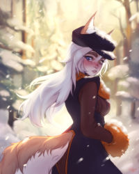 Rule 34 | 1girl, animal ears, blue eyes, blush, body freckles, dress, ears through headwear, fox ears, fox tail, freckles, from behind, hat, highres, long hair, long sleeves, looking at viewer, looking back, losse (personal ami), orange scarf, original, outdoors, parted lips, personal ami, scarf, signature, snow, snowing, solo, standing, tail, thick eyebrows, tree, white hair, yellow eyes
