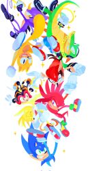 Rule 34 | 6+boys, absurdres, animal ears, animal nose, arms behind head, charmy bee, clenched hands, closed eyes, commentary request, corrupted twitter file, espio the chameleon, furry, furry male, gloves, green eyes, grin, highres, holding, knuckles the echidna, male focus, mighty the armadillo, multiple boys, nintendo, open mouth, orange eyes, purple eyes, ray the flying squirrel, red footwear, shoes, simple background, smile, sonic (series), sonic the hedgehog, sparkle, splatoon (series), tail, tails (sonic), tokiwa757, vector the crocodile, white background, white gloves