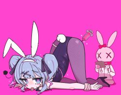 Rule 34 | 1girl, :p, animal ears, bare shoulders, black footwear, black ribbon, blue eyes, blue hair, commentary request, facial mark, fake animal ears, fake tail, fang, fishnet pantyhose, fishnets, gradient hair, hair intakes, hair ornament, hair ribbon, hairband, hatsune miku, heart, heart hair ornament, highres, leotard, multicolored hair, on floor, pantyhose, pink background, pink hair, pink pupils, pink theme, playboy bunny, rabbit, rabbit ears, rabbit hole (vocaloid), rabbit tail, ribbon, seonmeoseum, shin dohan, sidelocks, simple background, single tear, skin fang, squiggle, sweatdrop, syringe, tail, teardrop facial mark, tongue, tongue out, top-down bottom-up, twintails, vocaloid, white hairband, x hair ornament