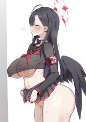 Rule 34 | 1girl, ahoge, armband, ass, black choker, black hair, black sailor collar, black serafuku, black skirt, black wings, blue archive, blush, breasts, choker, closed eyes, closed mouth, covered erect nipples, cowboy shot, feathered wings, from side, furau, hair ornament, hairclip, halo, highres, ichika (blue archive), large breasts, long hair, long sleeves, neckerchief, pleated skirt, profile, red armband, red halo, red neckerchief, sailor collar, school uniform, see-through, see-through shirt, serafuku, shirt, skirt, smile, solo, wings