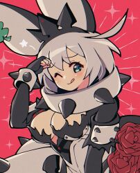 Rule 34 | 1girl, :p, ahoge, black gloves, blue eyes, breasts, bridal veil, cleavage, cleavage cutout, clothing cutout, clover, collar, dress, elbow gloves, elphelt valentine, fingerless gloves, flower, four-leaf clover, gloves, guilty gear, guilty gear xrd, hairband, huge ahoge, itsuka neru, large breasts, looking at viewer, one eye closed, red flower, red rose, rose, short hair, smile, spiked collar, spiked hairband, spikes, tehepero, tongue, tongue out, veil, wedding dress, white hair