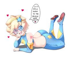 Rule 34 | 1girl, 3d glasses, ass, bare shoulders, big hair, blonde hair, blue glasses, blue pants, body freckles, breasts, butt crack, diadem, el quijote, english text, female focus, floral print, freckles, glasses, green eyes, happy, heart, highres, impossible clothes, lips, long sleeves, looking at viewer, lowleg, lowleg pants, lying, midriff, on stomach, open mouth, original, pants, pink pupils, richie (el quijote), rose print, shiny clothes, shiny skin, short hair, small breasts, smile, solo, speech bubble, star (symbol), tattoo, teeth, upper teeth only, white background, wide hips