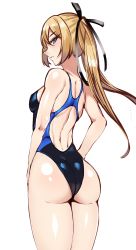Rule 34 | 1girl, absurdres, ass, black one-piece swimsuit, blonde hair, blue eyes, breasts, commentary request, competition swimsuit, cowboy shot, dead or alive, dead or alive 5, from behind, highres, long hair, looking at viewer, looking back, marie rose, one-piece swimsuit, simple background, small breasts, solo, standing, swimsuit, volyz, white background