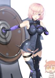 Rule 34 | 2girls, :d, armor, blurry, breast suppress, chibi, chibi inset, commentary request, depth of field, fate (series), fujimaru ritsuka (female), gauntlets, hair over one eye, head tilt, highres, holding, light purple hair, looking at viewer, mash kyrielight, multiple girls, open mouth, parody, purple eyes, riyo (lyomsnpmp) (style), saruchitan, shield, short hair, simple background, smile, standing, style parody, white background