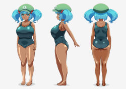 Rule 34 | 1girl, blue eyes, blue hair, blunt bangs, breasts, dark-skinned female, dark skin, hat, highres, huge breasts, ikataishogun (king squid), kawashiro nitori, multiple views, one-piece swimsuit, shiny skin, simple background, smile, standing, swimsuit, tan, thick eyebrows, thick thighs, thighs, touhou, twintails, white background