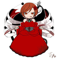 Rule 34 | 1girl, akujiki musume conchita (vocaloid), artist name, blood, blood stain, brown hair, chibi, choker, commentary request, corset, cutlery, detached sleeves, dress, evil smile, evillious nendaiki, flower, food, fork, fruit, grapes, hair flower, hair ornament, ichi ka, knife, licking lips, lowres, meiko (vocaloid), red dress, red eyes, ribs, rose, short hair, signature, smile, solo, stomach, tongue, tongue out, vocaloid
