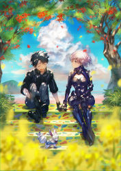 Rule 34 | 1boy, 1girl, black gloves, black hair, blurry, blurry foreground, boots, cloud, falling petals, fate/grand order, fate (series), flower, fou (fate), fujimaru ritsuka (male), fujimaru ritsuka (male) (polar chaldea uniform), gloves, highres, holding hands, mash kyrielight, mash kyrielight (ortenaus), petals, purple hair, sitting, sitting on stairs, smile, stairs, tamayai, tree