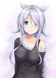 Rule 34 | 1girl, alternate costume, arms behind back, black sweater, blue eyes, braid, grey background, hair flaps, hair over one eye, hair tie, highres, kantai collection, kodama (mmt uf), looking at viewer, mole, mole under eye, off-shoulder sweater, off shoulder, ribbed sweater, silver hair, simple background, single braid, smile, solo, sweater, umikaze (kancolle)