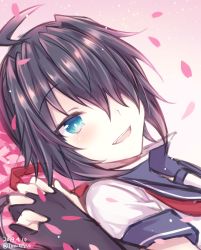 Rule 34 | 1girl, ahoge, black gloves, black hair, cherry blossoms, commentary request, gloves, gradient background, hair ornament, hair over one eye, hairclip, kabocha torute, kako (kancolle), kako kai ni (kancolle), kantai collection, long hair, looking at viewer, lying, one-hour drawing challenge, open mouth, parted bangs, petals, pink background, ponytail, school uniform, serafuku, smile, solo, upper body