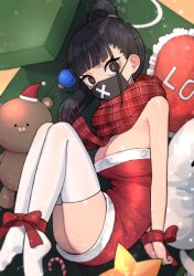 Rule 34 | 1girl, 28 (282teeth), absurdres, bdsm, black eyes, black hair, black mask, blue archive, blunt bangs, bondage, bound, bound ankles, bound wrists, breasts, christmas, christmas ornaments, cleavage, commentary request, dress, frilled pillow, frills, halo, highres, korean commentary, large breasts, long hair, looking at viewer, mask, mouth mask, pillow, plaid, plaid scarf, ponytail, red dress, red ribbon, red scarf, ribbon, ribbon bondage, santa costume, santa dress, scarf, solo, strapless, strapless dress, stuffed animal, stuffed toy, sukeban (smg) (blue archive), surgical mask, teddy bear, thighhighs, thighs, tube dress, white thighhighs
