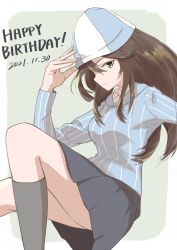 Rule 34 | 1girl, absurdres, adjusting clothes, adjusting headwear, blue hat, blue shirt, brown eyes, brown hair, closed mouth, commentary request, dated, dress shirt, english text, floating, girls und panzer, grey skirt, grey socks, happy birthday, hat, highres, instrument, kantele, keizoku school uniform, knee up, light smile, long hair, long sleeves, looking at viewer, mika (girls und panzer), miniskirt, oritako, pleated skirt, school uniform, shirt, skirt, socks, solo, striped clothes, striped shirt, tulip hat, vertical-striped clothes, vertical-striped shirt, white shirt, wing collar