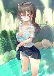 Rule 34 | 1girl, bra, breasts, female focus, glasses, hair ornament, hairclip, highres, long hair, mitake eil, nature, original, outdoors, panties, partially submerged, pleated skirt, skirt, smile, solo, underwear, wet, wet clothes