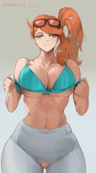 Rule 34 | 1girl, aqua eyes, bare shoulders, breasts, camisole, censored, cleavage, cleft of venus, clothes lift, collarbone, creatures (company), crotch cutout, eyewear on head, game freak, high-waist pants, highres, kisou (kisou00), large breasts, lifting own clothes, long hair, looking at viewer, mosaic censoring, nail polish, narrow waist, navel, nintendo, orange hair, pants, pokemon, pokemon swsh, pussy, shirt lift, side ponytail, simple background, smile, solo, sonia (pokemon), sunglasses, thighs, torn clothes, torn pants, watermark, web address, yoga pants