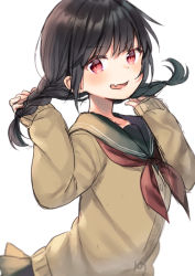 Rule 34 | 1girl, :d, black hair, blush, braid, brown cardigan, cardigan, commentary request, doyagao, fang, green sailor collar, hands up, head tilt, long hair, long sleeves, low twintails, midorikawa you, neckerchief, open mouth, original, pleated skirt, red eyes, red neckerchief, sailor collar, side braid, side braids, simple background, skin fang, skirt, sleeves past wrists, smile, smug, solo, twin braids, twintails, v-shaped eyebrows, white background