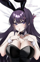 Rule 34 | 1girl, animal ears, bare shoulders, black bow, black bowtie, black hair, black leotard, bow, bowtie, breasts, cleavage, closed mouth, collarbone, commentary, detached collar, fake animal ears, hair ornament, hairclip, hands up, highres, index finger raised, large breasts, leotard, long hair, looking at viewer, patreon username, playboy bunny, purple eyes, rabbit ears, rabbit hair ornament, sakurajima mai, seishun buta yarou, skindentation, solo, strapless, strapless leotard, symbol-only commentary, tofuubear, upper body, very long hair, watermark, wrist cuffs