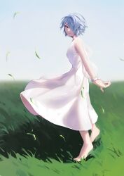 Rule 34 | 1girl, absurdres, arms behind back, barefoot, blade of grass, dress, grey hair, hair over one eye, highres, isabella (love live!), looking at viewer, love live!, love live! school idol festival, on grass, outdoors, parted lips, purple eyes, short hair, sky, smile, solo, standing, tori (game28), white dress, wind, wind lift