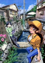 1boy 1girl absurdres black_eyes black_hair black_pants blue_footwear blue_pants book brown_eyes brown_hair building camera canal closed_mouth cloud dress_shirt flat_cap flower flower_pot green_shirt hair_over_one_eye hat highres holding holding_book holding_camera house jacket kagekaku long_hair long_sleeves name_tag open_clothes open_jacket open_mouth orange_hat orange_jacket original pants power_lines reading scenery shirt shoes short_hair sitting sky tree utility_pole white_shirt window