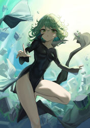 Rule 34 | 1girl, black dress, breasts, collarbone, commentary request, covered navel, curly hair, dress, flipped hair, green eyes, green hair, highres, leg up, long sleeves, looking at viewer, mansu (user pnmp4287), no panties, one-punch man, open mouth, rock, short hair, side slit, small breasts, solo, tatsumaki, telekinesis
