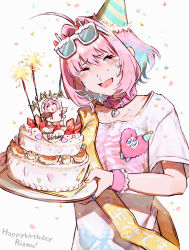 Rule 34 | 1girl, absurdres, ahoge, birthday cake, blouse, blue hair, cake, character name, collar, collarbone, confetti, crying, dumpling, english text, eyewear on head, fang, fireworks, food, fruit, hair intakes, hamachamu, happy birthday, hat, heart, heart-shaped lock, highres, holding, idolmaster, idolmaster cinderella girls, jewelry, jiaozi, multicolored hair, open mouth, party hat, pill, pink hair, raised eyebrows, ring, runny nose, shirt, short hair, short sleeves, simple background, skeleton print, skin fang, snot, sparkler, strawberry, tears, two-tone hair, upper body, white background, white shirt, wristband, yumemi riamu