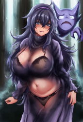 Rule 34 | 1girl, @ @, ahoge, alternate breast size, bags under eyes, belly, black bra, black nails, black panties, blush, bra, breasts, cleavage, commentary request, creatures (company), crossed bangs, dress, exhibitionism, frilled sleeves, frills, furrowed brow, game freak, gen 1 pokemon, hair between eyes, hairband, half-closed eyes, haunter, hex maniac (pokemon), high collar, highres, hikari (komitiookami), huge breasts, lace, lace-trimmed bra, lace-trimmed panties, lace trim, long dress, long hair, long sleeves, looking at viewer, messy hair, muffin top, nail polish, navel, nintendo, open mouth, outdoors, panties, plump, pokemon, pokemon (creature), pokemon xy, public indecency, purple dress, purple eyes, purple hair, purple hairband, revision, ribbed sweater, see-through, shiny skin, standing, stomach, string bra, sweat, sweater, teeth, underwear, wavy hair